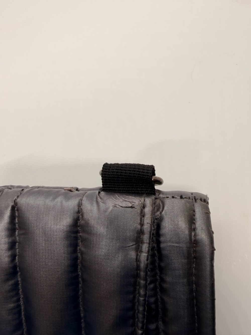 THINK ROYLN Quilted Crossbody Bag in Black with Beige-Gray Stripe Strap - Picture 11 of 13